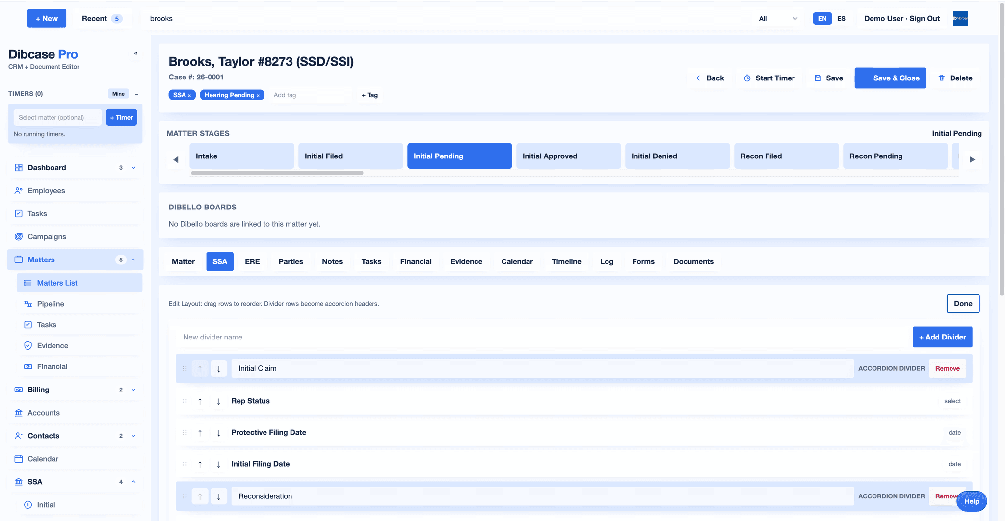 Dibcase matter workspace screenshot