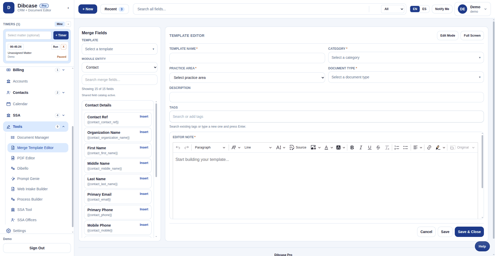 Dibcase merge template editor preview